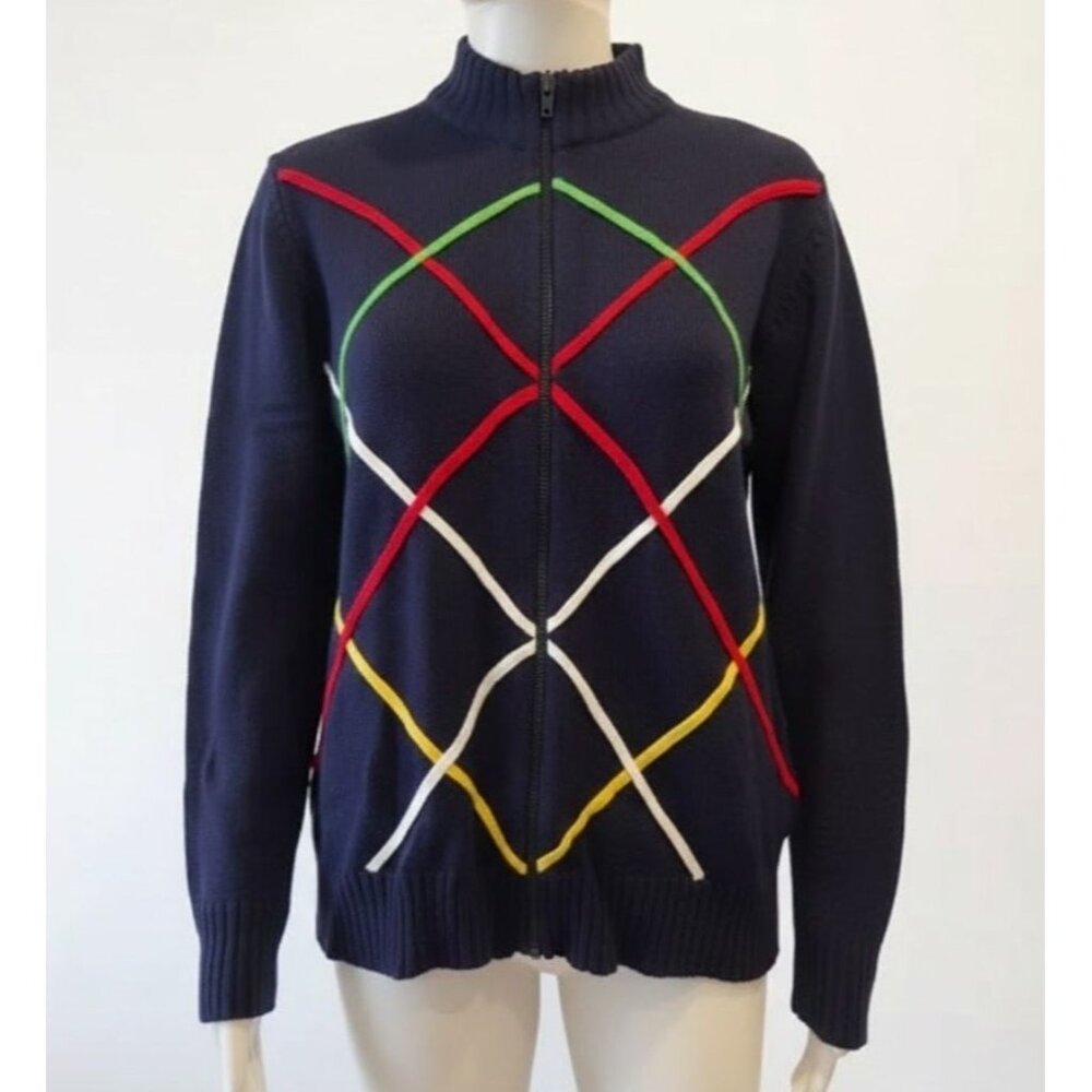 90s‎ Vintage Quantum Sportswear Navy Zip Up Knit Cardigan Large